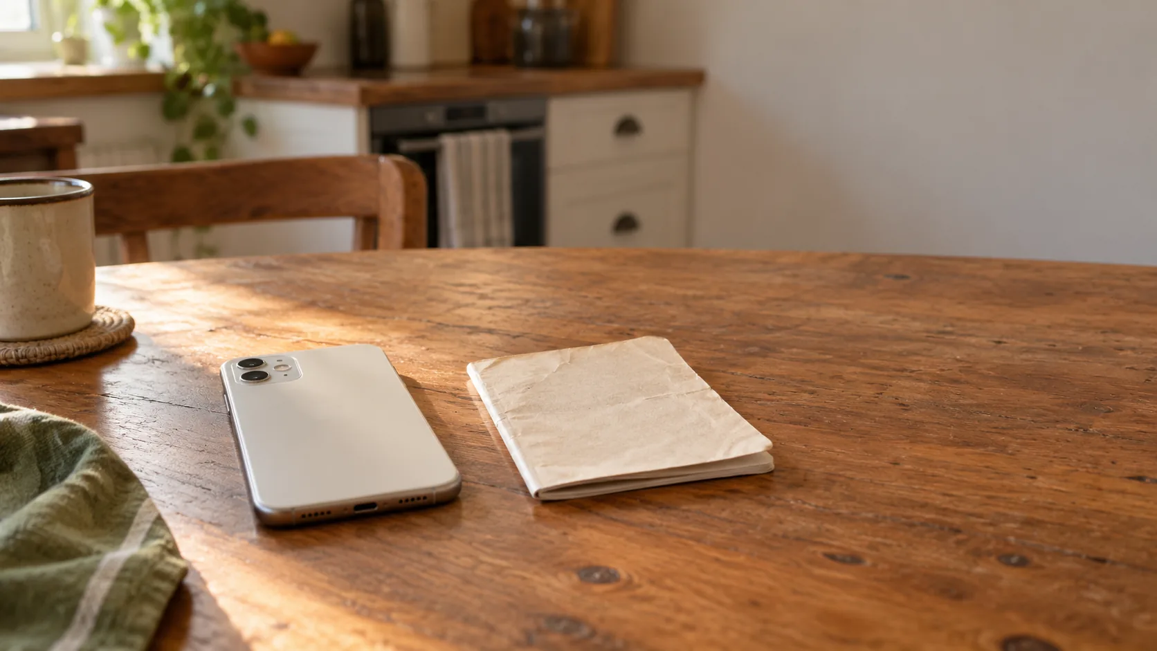 A phone face down on a table beside a paper vaccination card