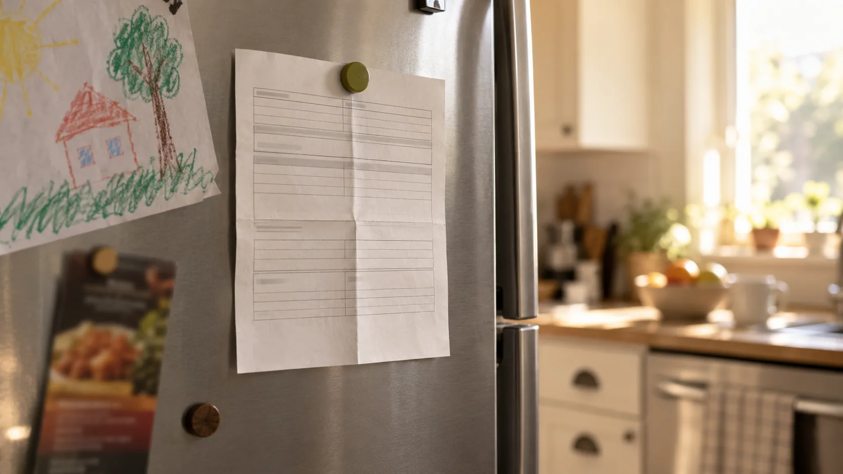 A folded sheet of paper held by a magnet on a fridge door