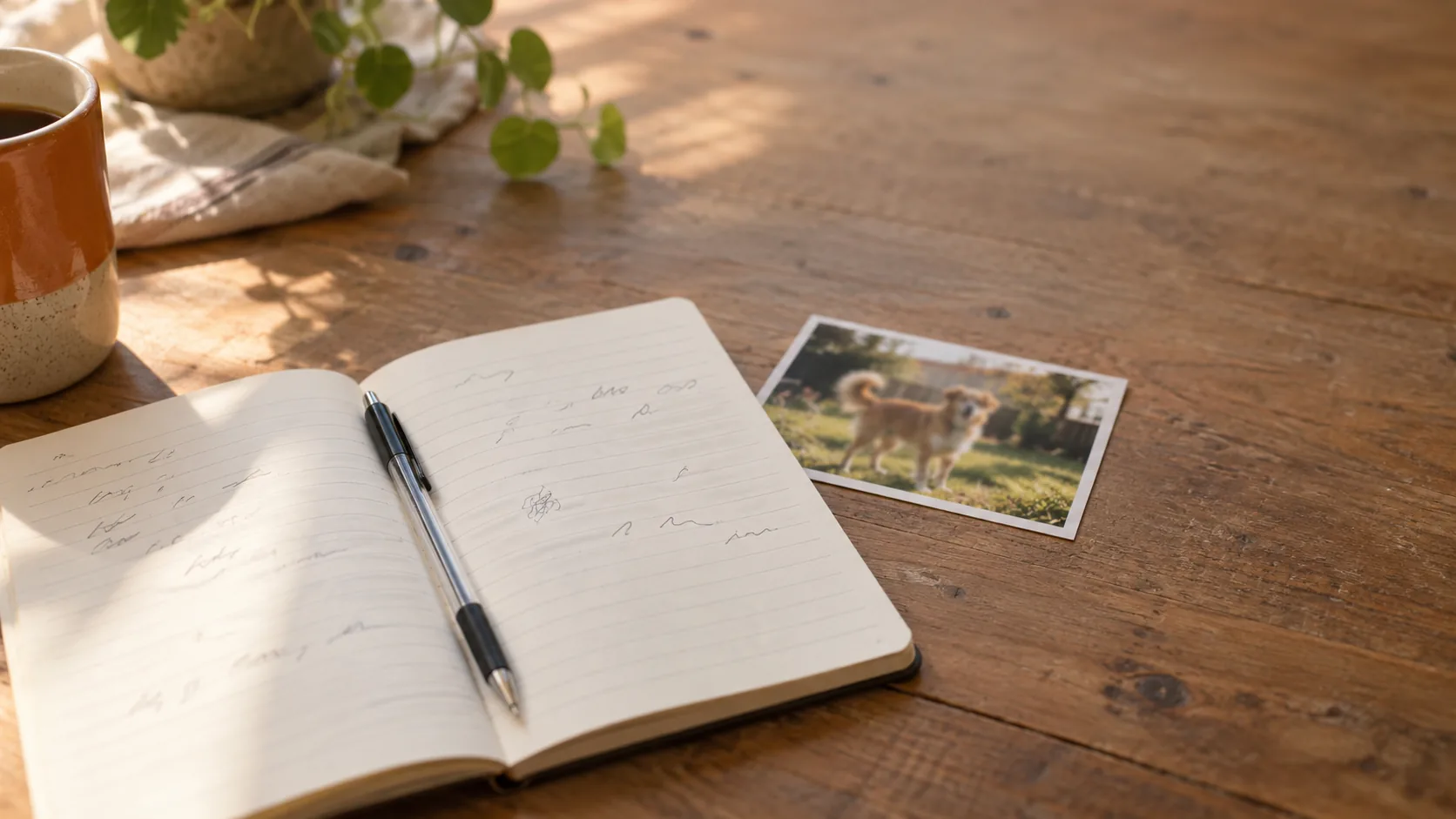A printed photo of a dog on a table beside an open notebook